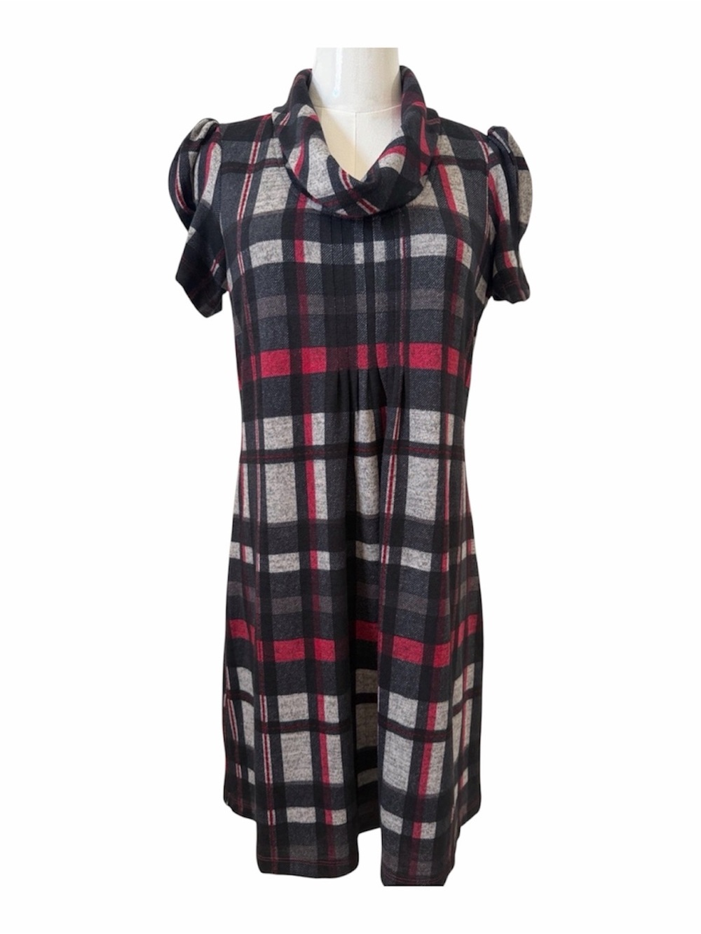Jessica Howard Black, Gray & Red Plaid Cowl-Neck Mini Dress Size PM